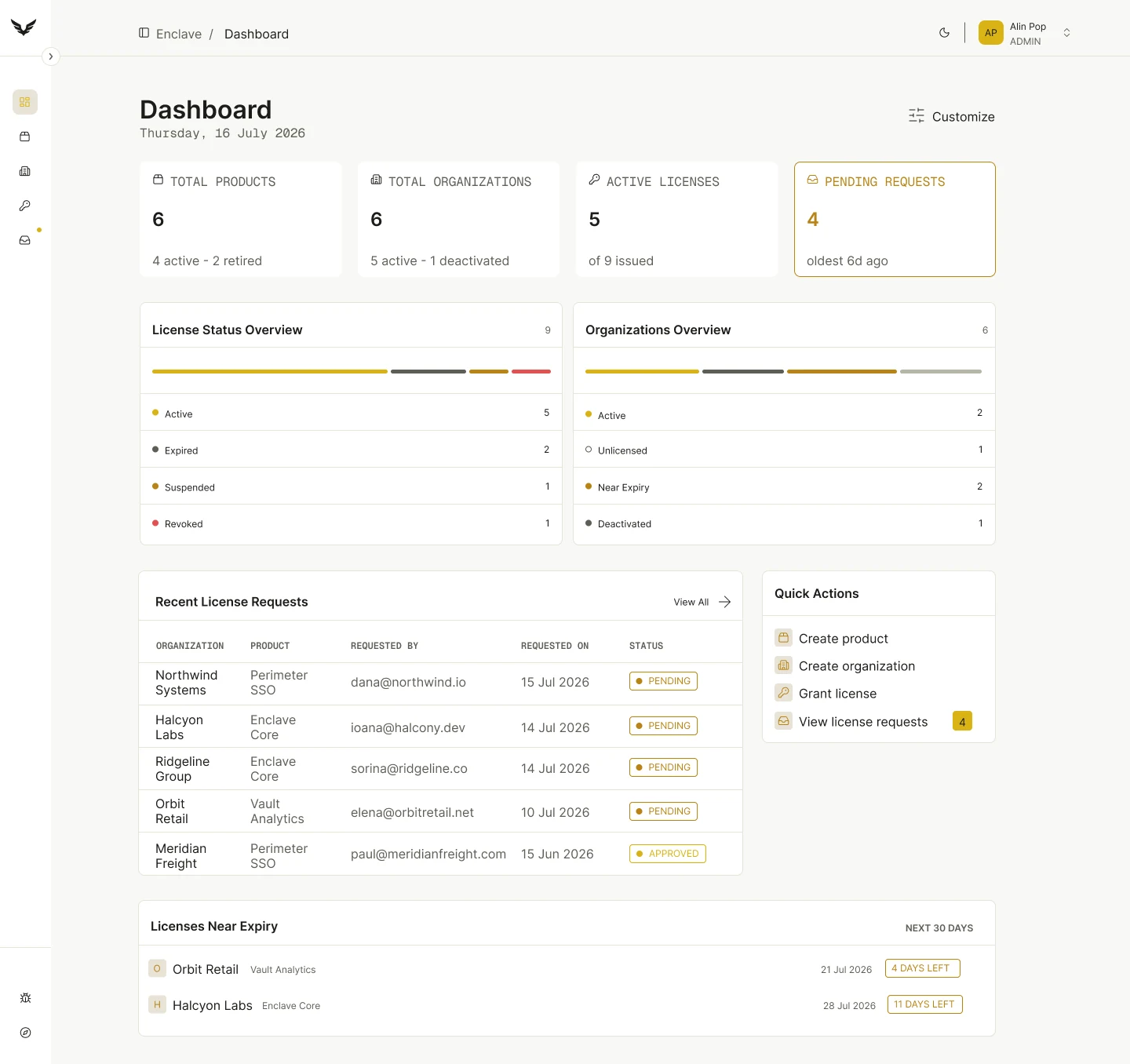 Enclave dashboard with collapsed navigation