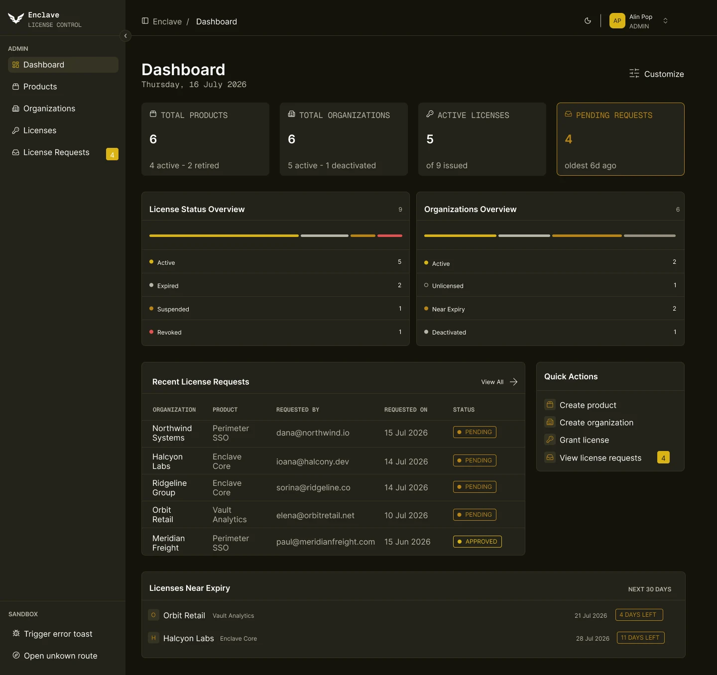 Enclave dashboard, dark mode