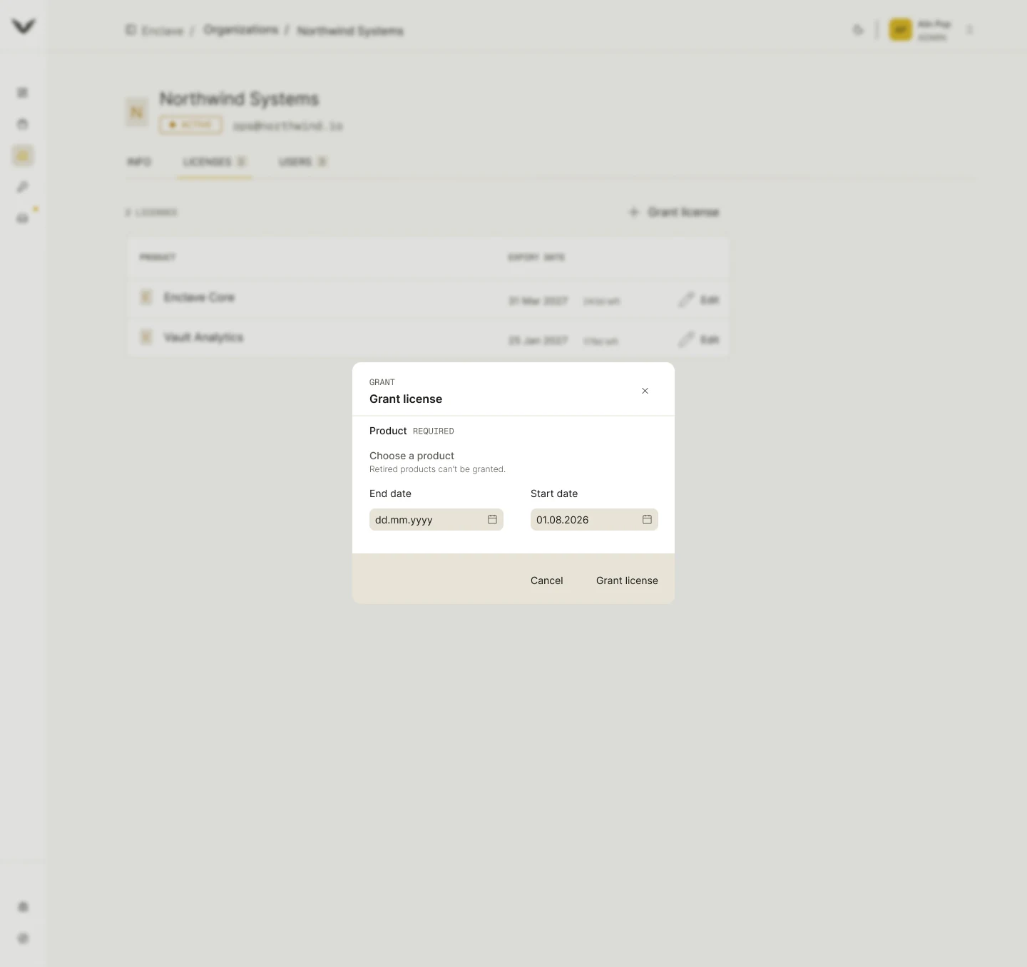 Enclave — Grant License dialog